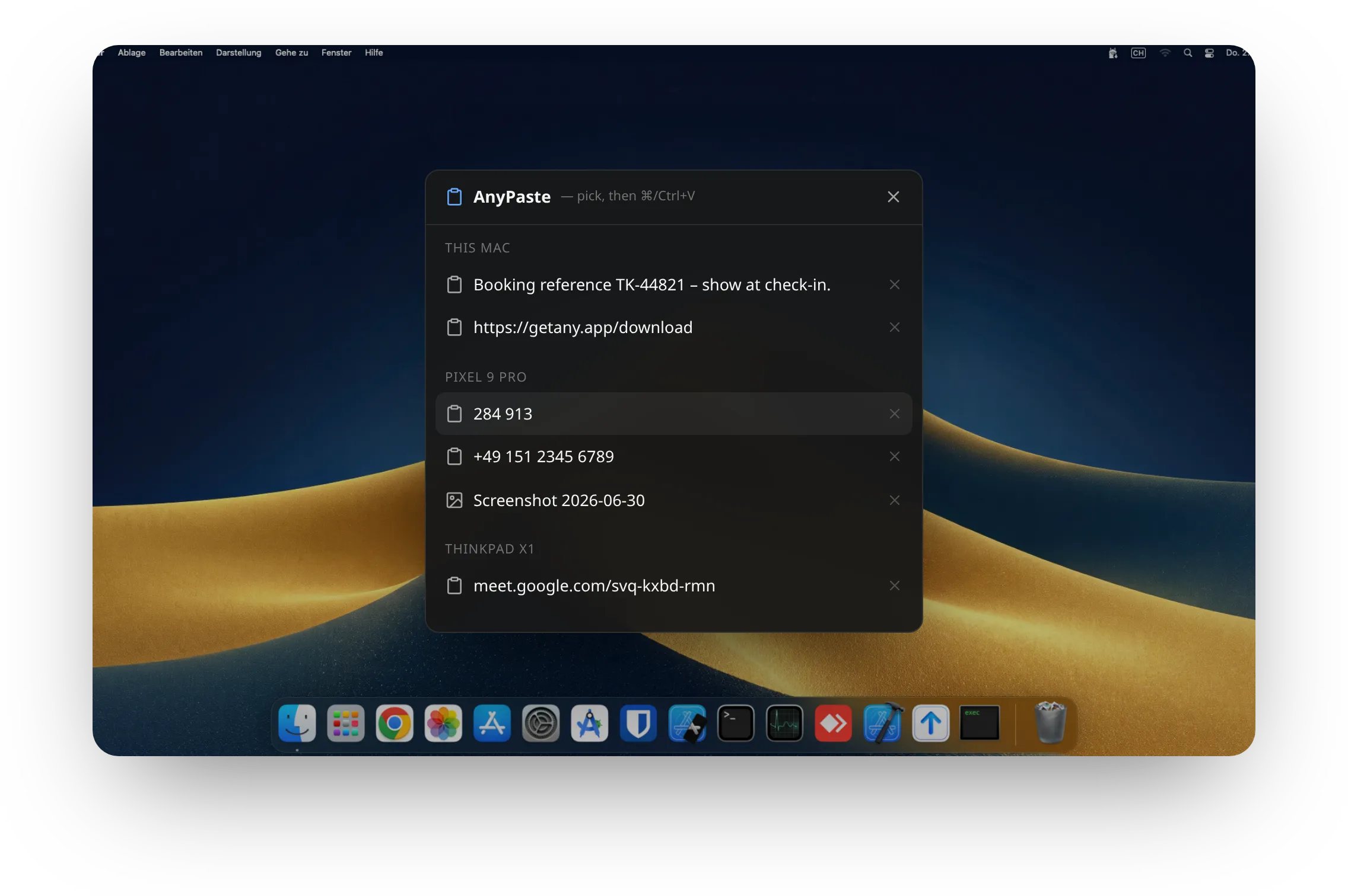 Derselbe Eintrag im AnyPaste-Verlauf am Desktop